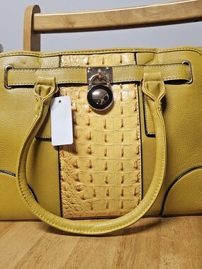 Faux Crocodile Boho Handbag Modern Purse Tote Office Gold Mustard Bold Bright